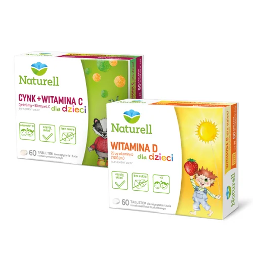 Miniaturka artykułu - Zestaw Naturell Witamina D dla dzieci, 60 tabl. do żucia + Naturell Cynk + Witamina C dla dzieci, 60 tabl. do żucia