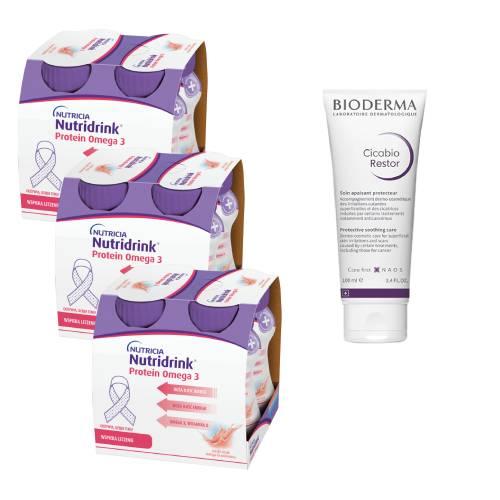 Miniaturka artykułu - Zestaw Nutridrink Protein Omega 3 rześki smak mango - brzoskwinia, 12 x 125 ml + Bioderma Cicabio Restor krem ochronno - regenerujący, 100 ml