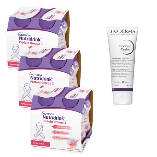 Miniaturka artykułu - Zestaw Nutridrink Protein Omega 3 rześki smak truskawka - malina, 12 x 125 ml + Bioderma Cicabio Restor krem ochronno - regenerujący, 100 ml
