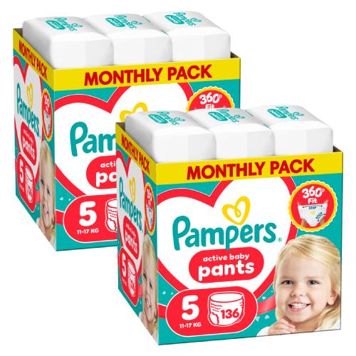 Miniaturka artykułu - Zestaw Pampers Active Baby Pants 5 Pieluchomajtki dla dzieci, 2 x 136 szt.