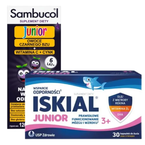 Miniaturka artykułu - Zestaw Sambucol Junior, 120ml + Iskial Junior kapsułki do żucia, 30 kaps.