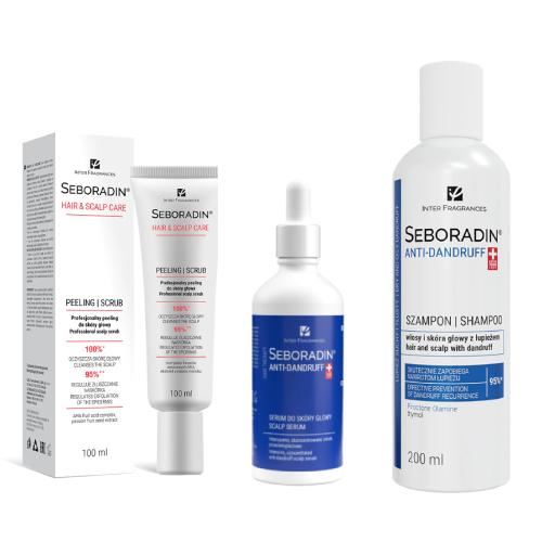 Miniaturka artykułu - Zestaw SEBORADIN Anti-Dandruff Szampon Przeciwłupieżowy, 200 ml + Serum przeciwłupieżowe do sk&oacute;ry głowy, 100ml + Peeling, 100ml 