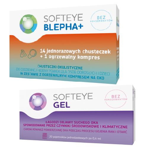 Miniaturka artykułu - Zestaw SOFTEYE BLEPHA+ Chusteczki okulistyczne do higieny powiek (14 szt.) + ogrzewalny kompres + Softeye Gel żel do oczu, 20 pojemniczk&oacute;w x 0,4ml