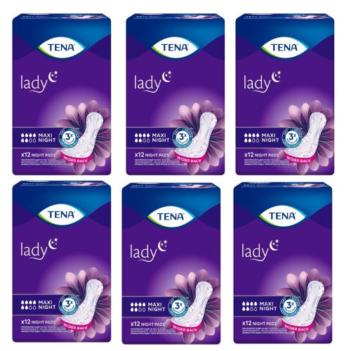 Miniaturka artykułu - Zestaw TENA Lady Maxi Night Specjalistyczne podpaski na noc, 6 x 12 szt. - podpaski na nietrzymanie moczu dla kobiet