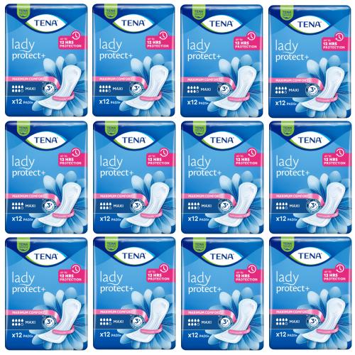 Miniaturka artykułu - Zestaw TENA Lady Protect+ Maxi Wkładki anatomiczne, 12 x 12 szt. - wkładki na nietrzymanie moczu