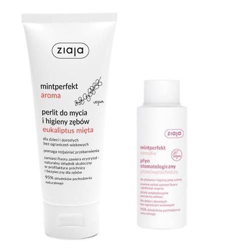 Miniaturka artykułu - ZIAJA Mintperfekt aroma Perlit do mycia i higieny zęb&oacute;w eukaliptus mięta, 100 g + płyn stomatologiczny przeciwpr&oacute;chniczy, 40 ml